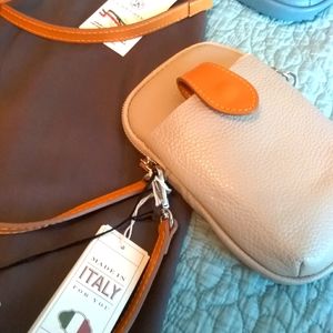 DIVINA FIRENZA CREAM LEATHER CROSSBODY CELLPHONE CARRIER HANDBAG